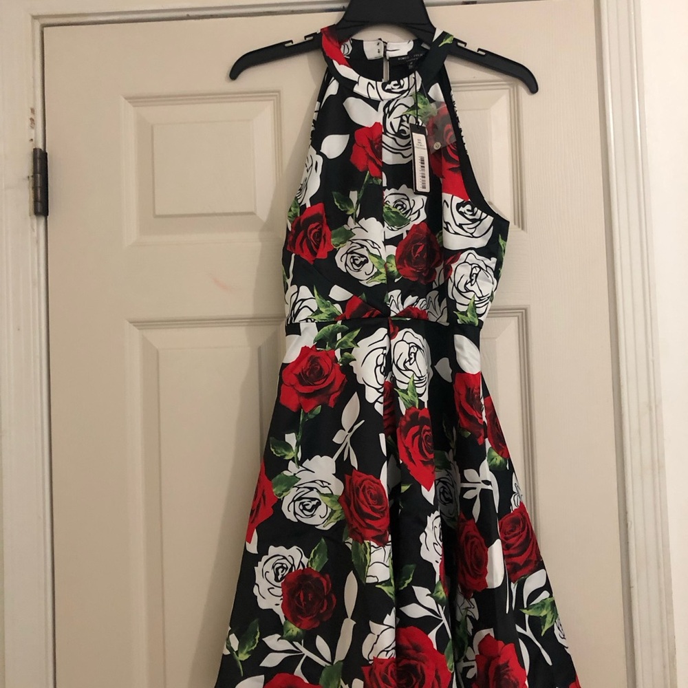 Romeo & Juliet Couture Black Mini Dress with Red, White & Green Rose Print